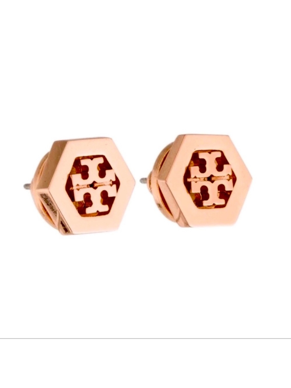 Tory Burch Hexagon Rose Gold Logo Stud Earrings